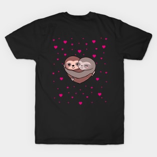 Sloths hugs, lovers couple cute, red heart T-Shirt